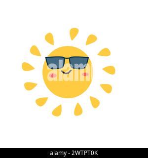 il carattere estivo del sole con gli occhiali da sole. L'illustrazione vettoriale può essere utilizzata per l'adesivo estivo, il poster e la stampa. Icona del personaggio dei cartoni animati del bambino. Illustrazione Vettoriale
