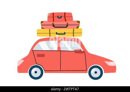 Auto rossa da viaggio estiva con bagagli in cima - illustrazione isolata. L'illustrazione vettoriale può essere utilizzata per striscioni di vacanze estive, etichette di vendita, biglietti di auguri, Illustrazione Vettoriale