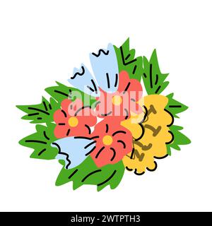 Grazioso bouquet estivo - fiori con foglie. L'illustrazione vettoriale può essere utilizzata per biglietti d'auguri e striscioni. Fiori esotici del Brasile. Illustrazione Vettoriale