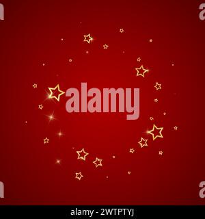 Confetti Gold Sparkling Star. Modello di sovrapposizione infantile da sogno e caotico. Illustrazione vettoriale Festive Stars su sfondo rosso. Illustrazione Vettoriale