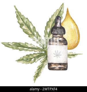 Illustrazione acquerello con goccia di marijuana e olio di cannabis, foglie di marijuana verde e bootle, composizione delle foglie di Cannabis Foto Stock