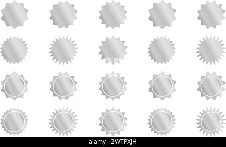 Set di adesivi rotondi argentati con bordi zigzag e zigzag. Etichette di qualità brillante, badge, etichette dei prezzi, promozioni di vendita, sigilli con bordi ondulati isolati su sfondo bianco. Illustrazione vettoriale. Illustrazione Vettoriale