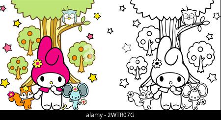 Illustrazione vettoriale libro da colorare o immagine da colorare cartoni animati carini nella foresta topo di coniglio e scoiattolo per disegnare la copertina delle pagine, Illustrazione Vettoriale