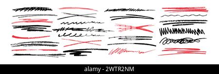 Grunge tratteggiato a mano, sottolineature a carboncino, scarabocchi e tratti. Linee di evidenziazione della matita rossa e nera, scoiattoli di gesso, croci di marcatori isolati su sfondo bianco. Elementi vettoriali Doodle. Illustrazione Vettoriale