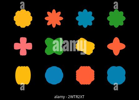 Elementi geometrici futuristici retrò. Figure minimaliste astratte, stelle, fiori, cerchi. Elementi di progettazione grafica. Illustrazione vettoriale isolata su BL Foto Stock