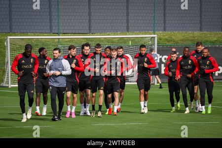 Tubize, Belgio. 19 marzo 2024. I giocatori del Belgio nella foto all'inizio di una sessione di allenamento della nazionale belga di calcio Red Devils, presso il centro di allenamento della Royal Belgian Football Association, a Tubize, martedì 19 marzo 2024. Sabato, i Red Devils giocano un'amichevole contro l'Irlanda, parte dei preparativi per l'Euro 2024. BELGA PHOTO VIRGINIE LEFOUR credito: Belga News Agency/Alamy Live News Foto Stock