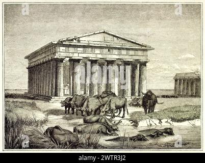 Vecchia riproduzione incisa di Jéan Leon Gérôme dipinto del Tempio di Nettuno (era II), Paestum, Italia. Pubblicato su Magasin Pittoresque, Parigi, 1852 Foto Stock