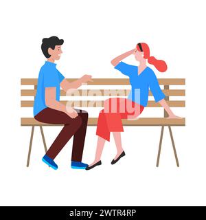 Coppia che parla su una panchina. Appuntamento romantico all'aperto, all'esterno dell'illustrazione vettoriale dei cartoni animati Illustrazione Vettoriale