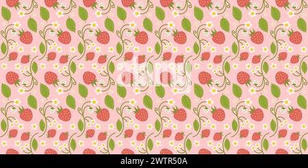 Design di un motivo di fragole senza cuciture con deliziose bacche, fiori e foglie verdi. Design ripetuto della superficie applicabile per cucina, tessuti, involucri Illustrazione Vettoriale