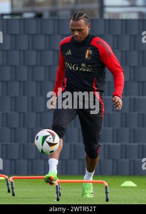 Tubize, Belgio. 19 marzo 2024. Il belga Lois Openda è raffigurato in azione durante una sessione di allenamento della nazionale belga di calcio Red Devils, presso il centro di allenamento della Royal Belgian Football Association, a Tubize, martedì 19 marzo 2024. Sabato, i Red Devils giocano un'amichevole contro l'Irlanda, parte dei preparativi per l'Euro 2024. BELGA PHOTO VIRGINIE LEFOUR credito: Belga News Agency/Alamy Live News Foto Stock