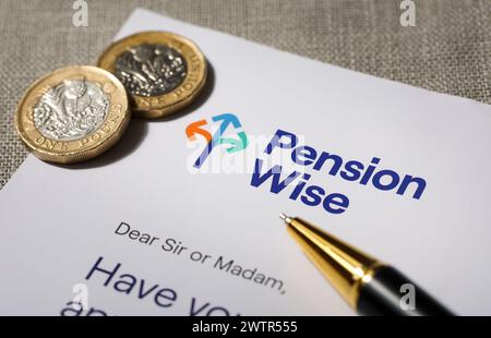 Lettera Pension Wise inviata a un residente nel Regno Unito per discutere del fabbisogno pensionistico. Foto Stock