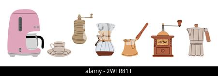 Set di elementi per caffè, macchina, tazza, bollitore, pentola. Illustrazione Vettoriale
