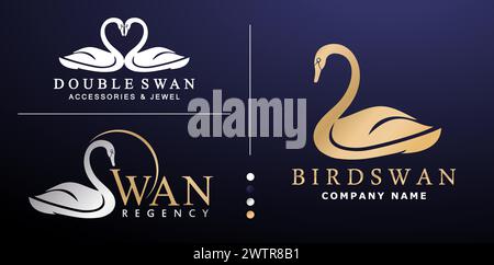 Immagine del logo Swan con design a colori dorati, sfondo isolato con vettore a doppio cigno applicabile per il nome dell'azienda, il cartello dei gioielli, l'etichetta del marchio Illustrazione Vettoriale