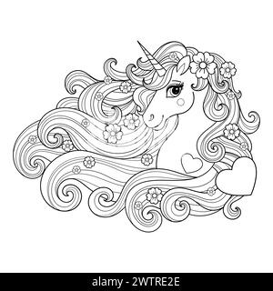 Testa di unicorno con criniera lunga, fiori e cuori. Disegno lineare in bianco e nero. Per la progettazione di libri da colorare, stampe, poster, adesivi, cartoline Illustrazione Vettoriale