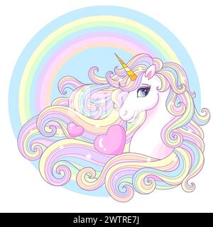 Testa di unicorno con criniera lunga, fiori e cuori. Disegno lineare in bianco e nero. Per la progettazione di libri da colorare, stampe, poster, adesivi, cartoline Illustrazione Vettoriale