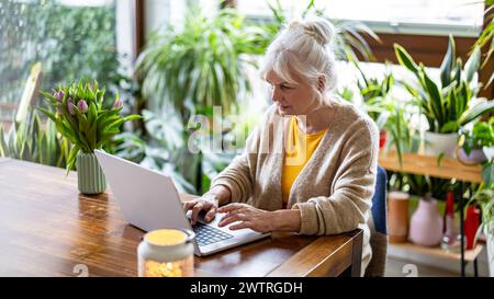 Donna matura che utilizza un notebook seduto al tavolo di casa Foto Stock