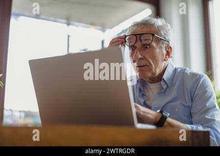 Senior uomo utilizzando portatile a casa Foto Stock