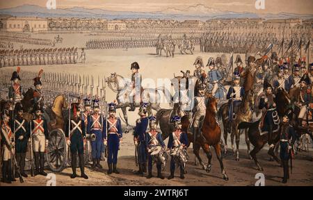 Italia. Occupazione francese. Regno d'Italia (re Napoleone) 1805-1814. Ispezione delle forze militari italiane e polacche, 1805. Litographjy, 1845. Foto Stock