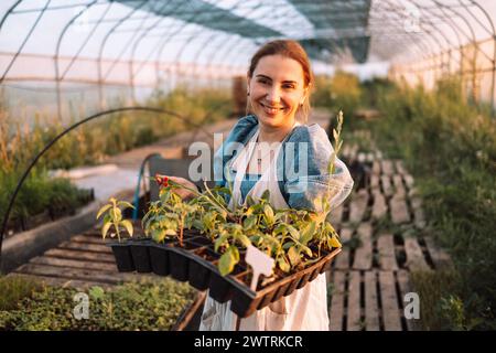 Primo piano di una giovane e attraente agricoltrice con piantine di piante. Donna affascinante e sorridente giardiniere in abiti casual e grembiule lavora in agricoltura lontano Foto Stock