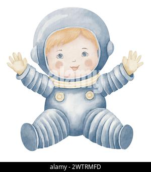 Illustrazione dell'acquerello del cosmonauta. Astronauta disegnata a mano in uno spazio su sfondo isolato. Disegno di Boy Spaceman per biglietti d'auguri Baby Shower o inviti di compleanno colori pastello. Foto Stock