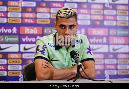 Il brasiliano Andreas Pereira durante una conferenza stampa alla Sopwell House, St Albans. Data foto: Martedì 19 marzo 2024. Foto Stock