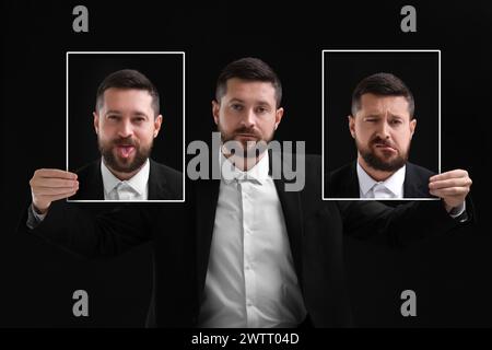 Uomo che tiene i suoi ritratti fotografici che mostrano emozioni diverse su sfondo nero. Personalità bilanciata Foto Stock