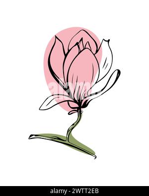 Magnolia in stile sketch con forme di colore astratte, disegnata a mano isolata su sfondo bianco. Illustrazione Vettoriale