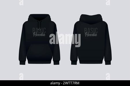 Felpa nera con cappuccio per uomini. Mockup dei jumper realistico. Modello di abbigliamento con cappuccio a manica lunga Illustrazione Vettoriale