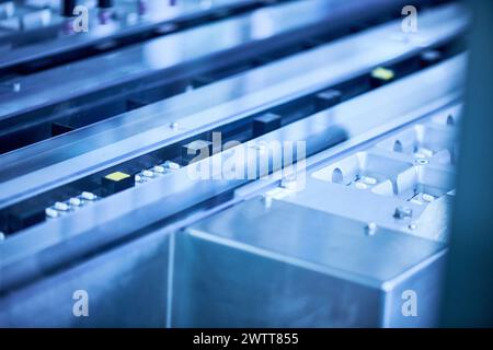 Involucro del tablet in fase di produzione su una macchina a nastro rotolante per la ricerca medica Foto Stock