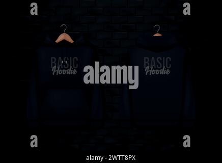 Felpa nera con cappuccio per uomini. Mockup dei jumper realistico. Modello di abbigliamento con cappuccio a manica lunga Illustrazione Vettoriale