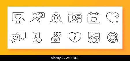 Set di icone del sito di incontri. Monitor, cuore, fronte, relazione, data, corrispondenza, chiacchierare. Icona nera su sfondo bianco. Icona della linea vettoriale per B. Illustrazione Vettoriale