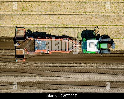 Vista aerea di un trattore che ara un campo agricolo Foto Stock