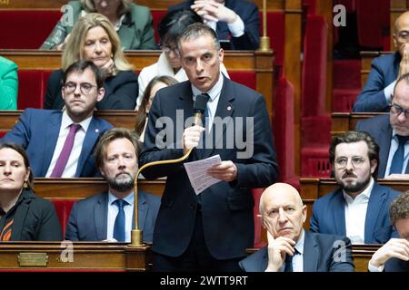 Parigi, Francia. 19 marzo 2024. Vice Mickael Bouloux durante una sessione di interrogazioni al governo all'Assemblea nazionale di Parigi del 19 marzo 2024. Foto di Raphael Lafargue/ABACAPRESS.COM credito: Abaca Press/Alamy Live News Foto Stock