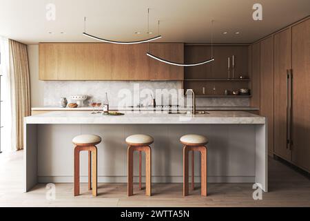 Cucina dal design moderno con armadi in legno e ripiani in marmo Foto Stock