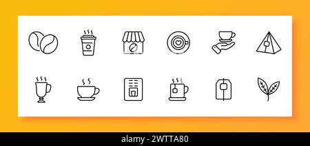 Set icone caffè. Grano, vetro, resistenza, banco, tè, vetro, apparato, piramide, germoglio. Icona nera su sfondo bianco. Icona della linea vettoriale per le aziende Illustrazione Vettoriale