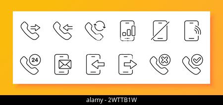 Set icone chiamata. Smartphone, contatto, messaggio, notifica, suono, suoneria, audio. Icona nera su sfondo bianco. Icona della linea vettoriale per l'azienda e. Illustrazione Vettoriale