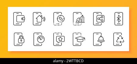 Set di icone smartphone. Portafoglio elettronico, bussola, condivisione, bluetooth, blocco, preferiti, bell. Icona nera su sfondo bianco. Icona della linea vettoriale per il busin Illustrazione Vettoriale