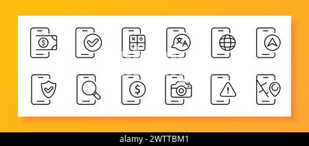Set di icone smartphone. Applicazione, batteria, traduttore, banca, calcolatrice, navigatore, motore di ricerca, GPS. Icona nera su sfondo bianco. Linea vettoriale Illustrazione Vettoriale