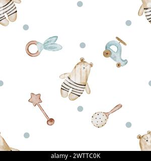 Giocattoli per bambini e sonaglino con un motivo ad acquerello senza cuciture. Roditori disegnati a mano, elicottero in legno e orsacchiotto retrò. Ornamenti per tessuti per bambini e. Foto Stock
