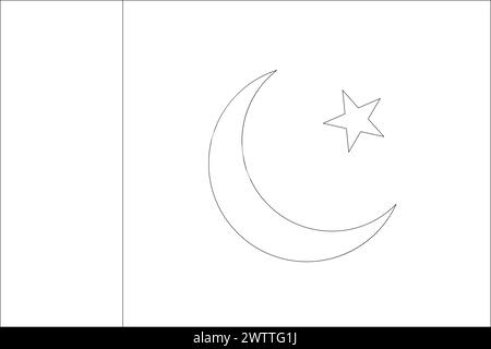 Bandiera Pakistan - sottile struttura a reticolo con contorno vettoriale nero isolata su sfondo bianco. Pronto per la colorazione. Illustrazione Vettoriale