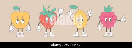 Personaggi della frutta dei cartoni animati retrò. Moderna e simpatica mascotte comica di limone, bacca, mela con un sorriso felice sul viso, mani e piedi. Illustrazione Vettoriale