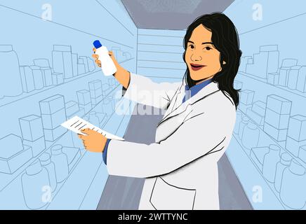 Scienziata sicura che tiene in mano una provetta in laboratorio. Foto Stock