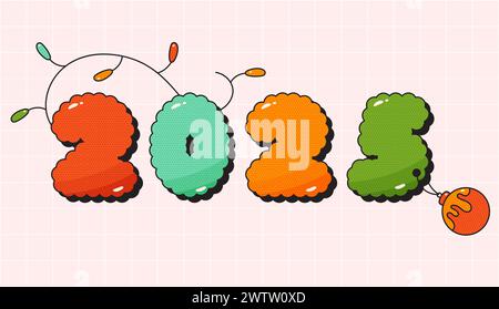 Christmas Groovy card text 2025. Noel Ball e garland. Illustrazione Vettoriale