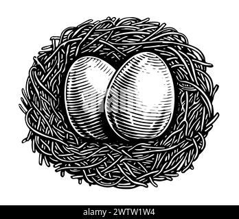 Nido con uova isolate. Disegnare a mano un'illustrazione vintage in stile incisivo Illustrazione Vettoriale