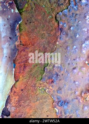 Primo piano di un pavimento industriale in metallo arrugginito con un bullone in un'area abbandonata Foto Stock