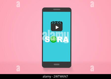 Generatore video online logo Sora ai sullo schermo vettoriale dello smartphone. Telefono cellulare con icona Sora. Sora è un'intelligenza artificiale di testo per il genere video Illustrazione Vettoriale