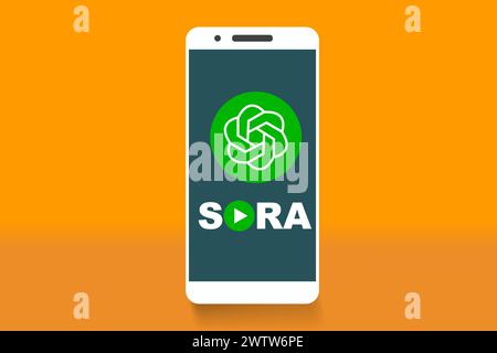 Generatore video online logo Sora ai sullo schermo vettoriale dello smartphone. Telefono cellulare con icona Sora. Sora è un'intelligenza artificiale di testo per il genere video Illustrazione Vettoriale