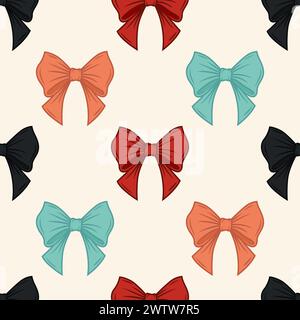 Motivo Vector Seamless con Cartoon Red, Orange, Blue, Black Bow Tie, Gift Bow con contorno su sfondo bianco. Stampa senza cuciture ad arco Illustrazione Vettoriale