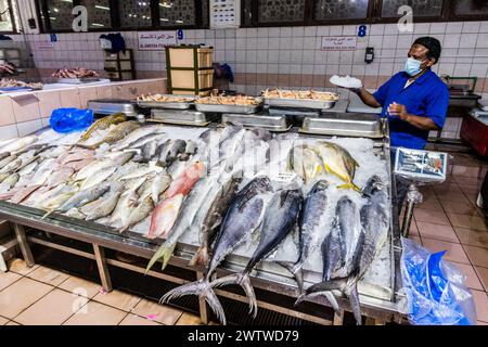 ABU DHABI, Emirati Arabi Uniti - 15 OTTOBRE 2021: Bancarelle di pesce al mercato al Mina di Abu Dhabi, Emirati Arabi Uniti. Foto Stock