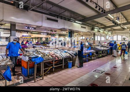 ABU DHABI, Emirati Arabi Uniti - 15 OTTOBRE 2021: Bancarelle di pesce al mercato al Mina di Abu Dhabi, Emirati Arabi Uniti. Foto Stock